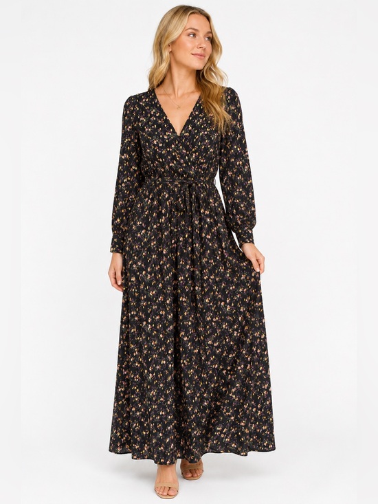 INMOD Dresses & Skirts - Black Floral Wrap Maxi Dress with Tie Waist